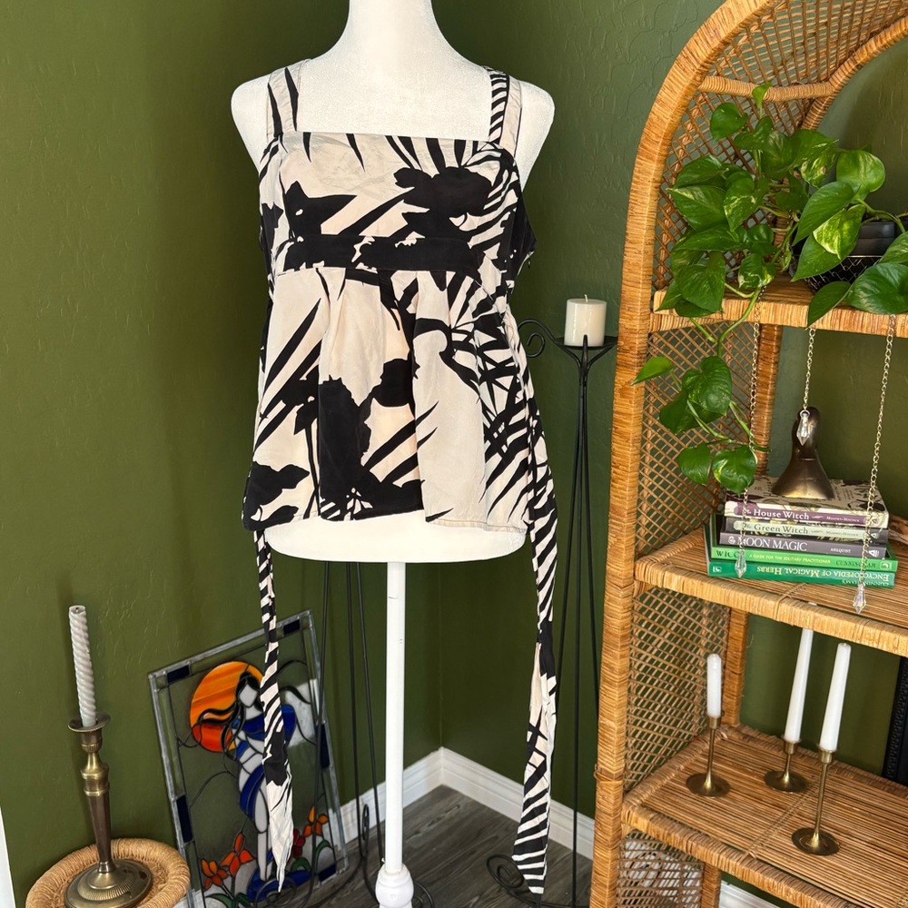 Armani Exchange Black White Floral Y2K Tie Back Babydoll Tank Top